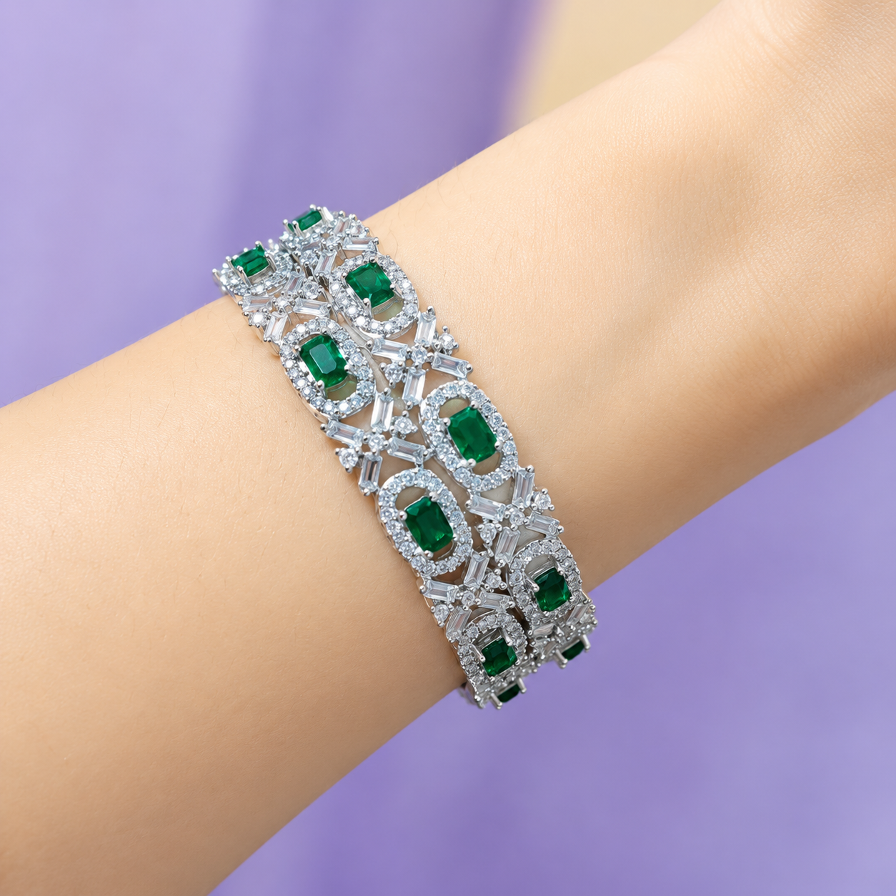 American Diamond Green Stone Luxury Bangles Pair Silver Cut Stone