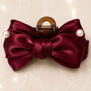 Imported Large Satin Bow Claw Hair Clip – Pearl Design (Maroon)